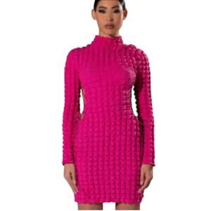 Jolie & Joy Bright Pink Long Sleeve Mock Neck Textured Mini Dress Size Small